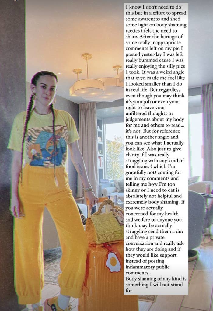 Rumer standing, wearing loose, yellow-orange pants, with a long note from her IG story