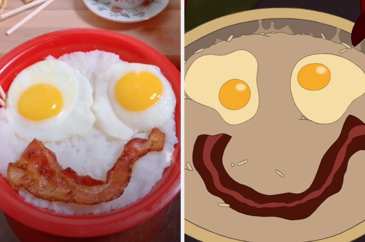 Gabrielle&#x27;s bowl of rice, eggs, and bacon alongside Mushu&#x27;s same dish in Mulan