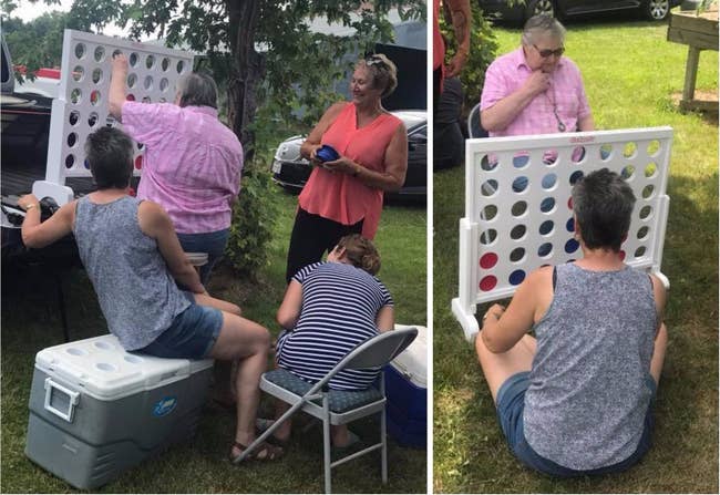 reviewer side by side images of adults playing the GoSports giant 4 in a row game outside