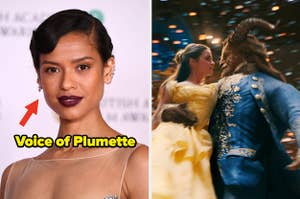 Gugu Mbatha-Raw with the text "voice of Plumette" next to Emma Watson and Dan Stevens in "Beauty and the Beast"