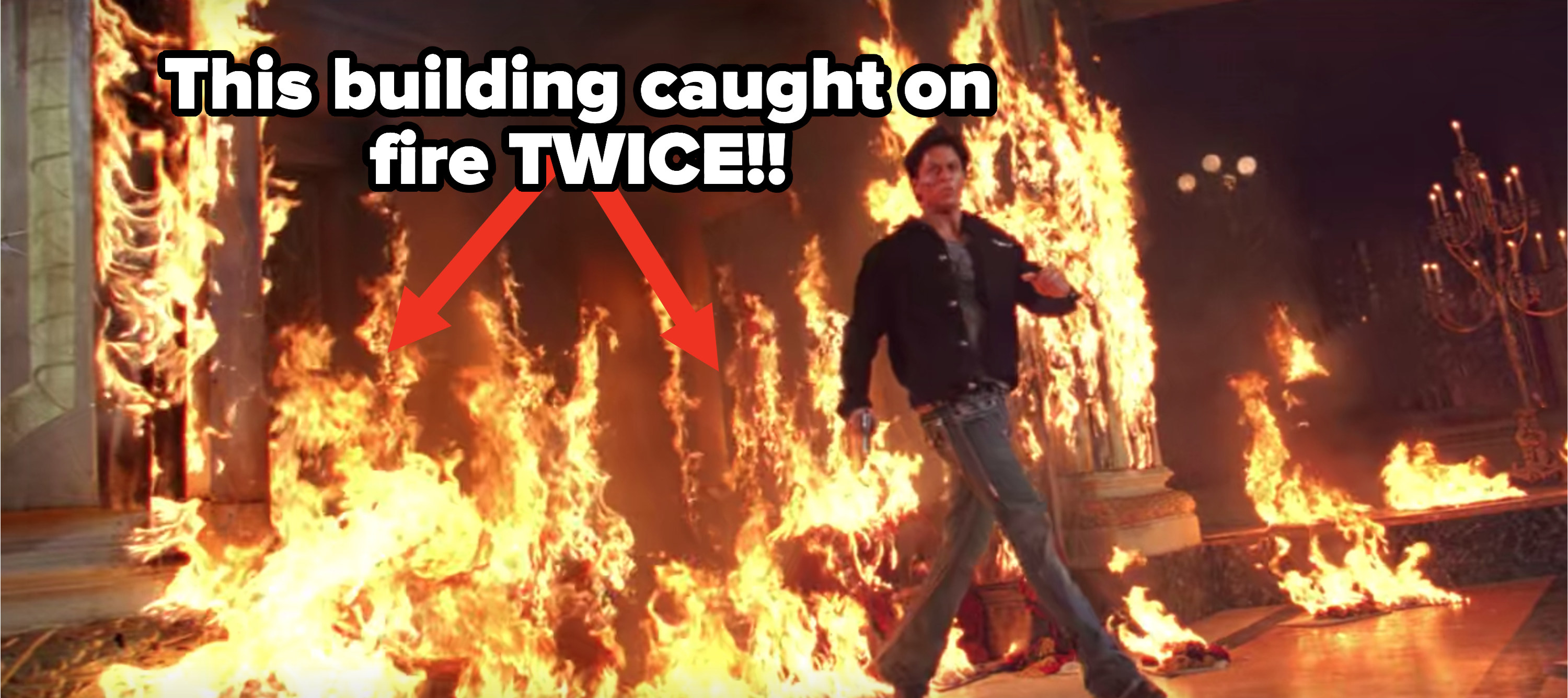 Om walks through a raging fire to save Sandy.