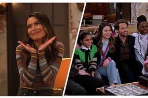 The first image is of the original iCarly cast on a red carpet, and the second is a screenshot of the new iCarly cast on the set of the reboot,