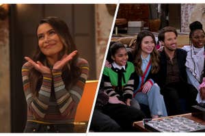 The first image is of the original iCarly cast on a red carpet, and the second is a screenshot of the new iCarly cast on the set of the reboot,