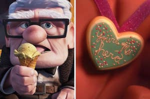 On the left, Carl from "Up" eating an ice cream cone, and on the right, a heart-shaped cookie from "Wreck-It Ralph" that says "You're my hero" on it