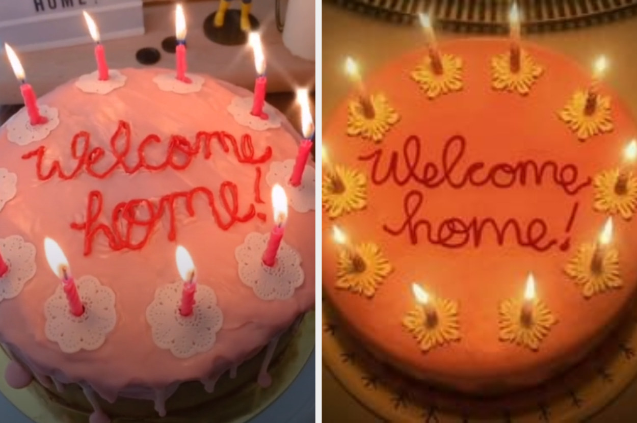 Gabrielle&#x27;s welcome home cake next to Coraline&#x27;s welcome home cake in Coraline