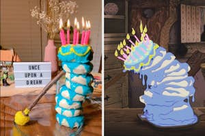 gabrielle's leaning birthday cake next to the leaning birthday cake in sleeping beauty