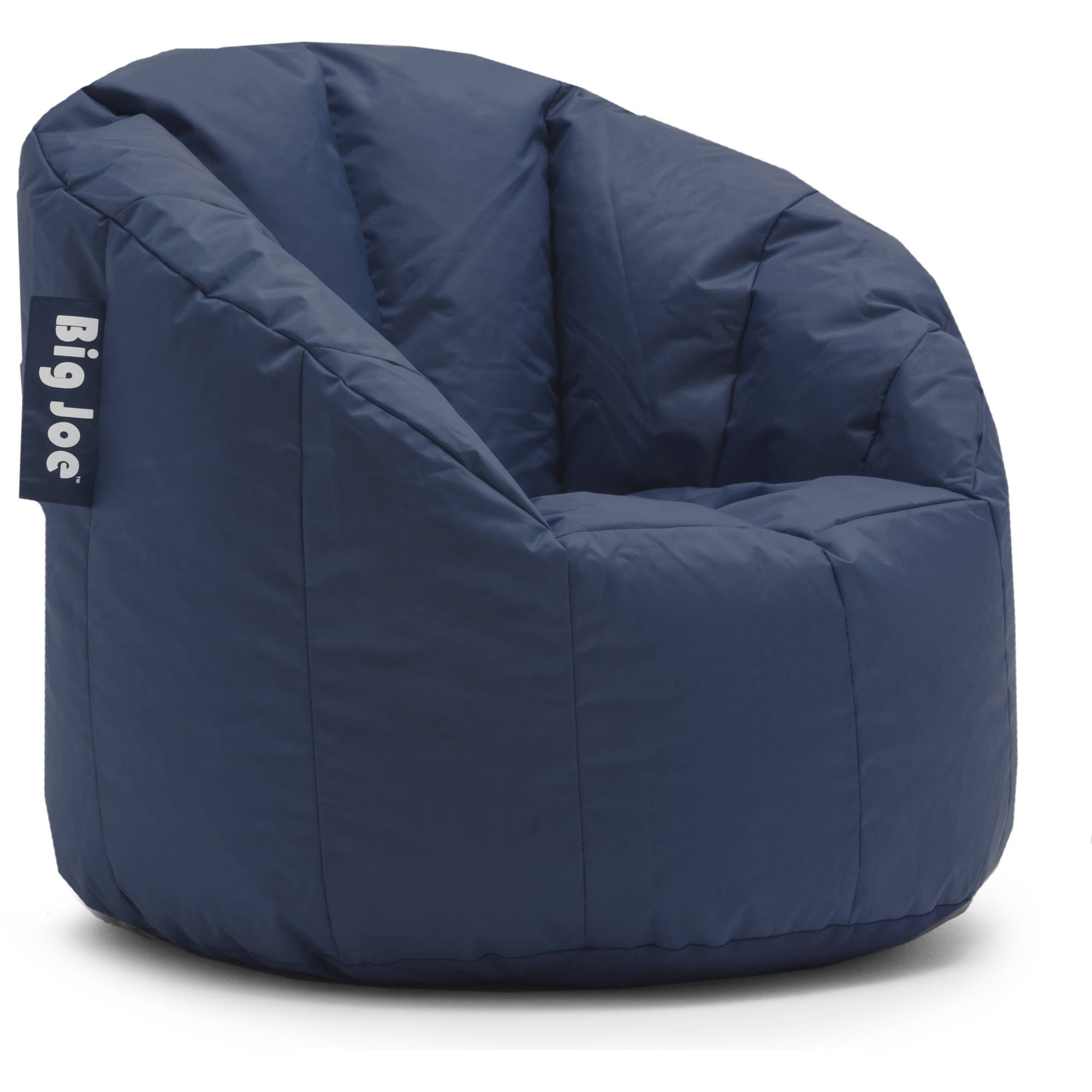 The navy bean bag chair and says &quot;Big Joe&quot;