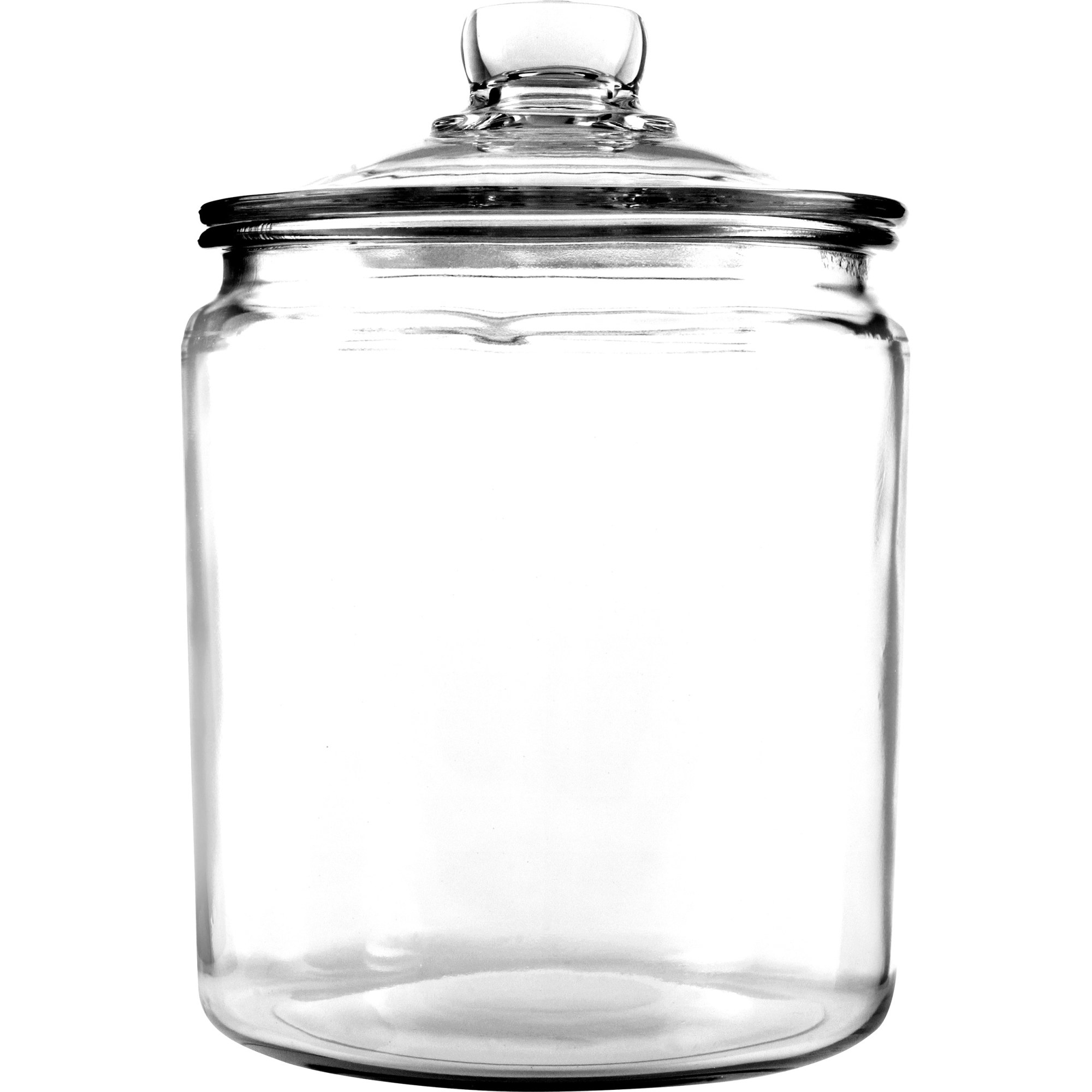 The glass jar is clear with a matching lid and handle on top
