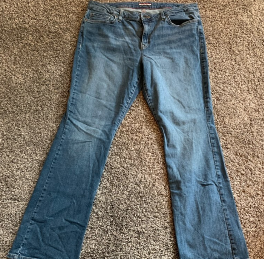 A pair of flared jeans