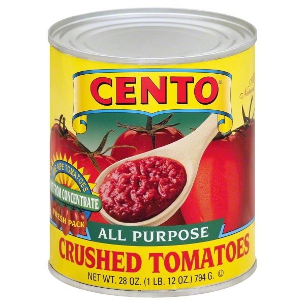the yellow and red can of tomatoes