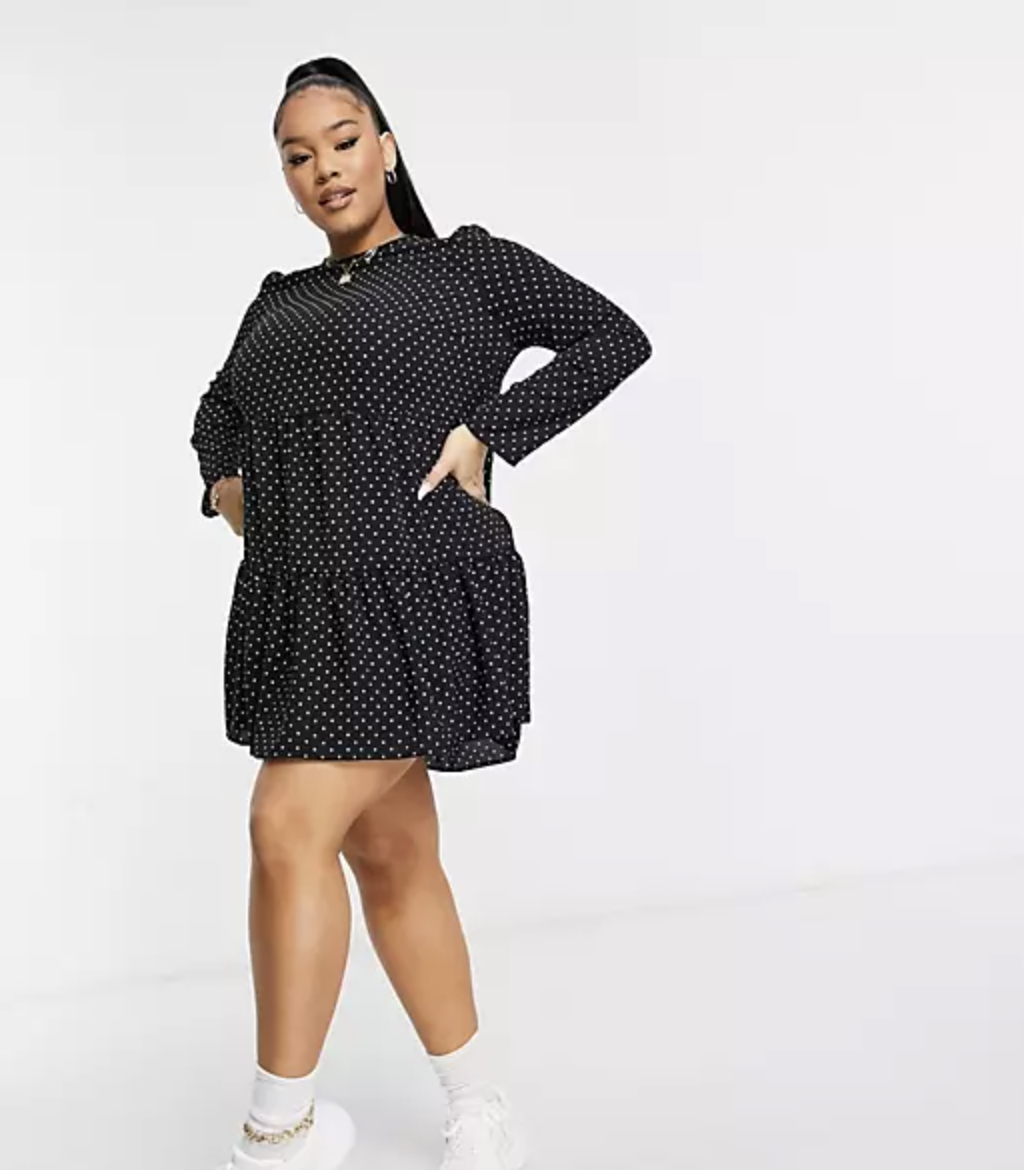 model wearing tiered smock mini dress in polka dots
