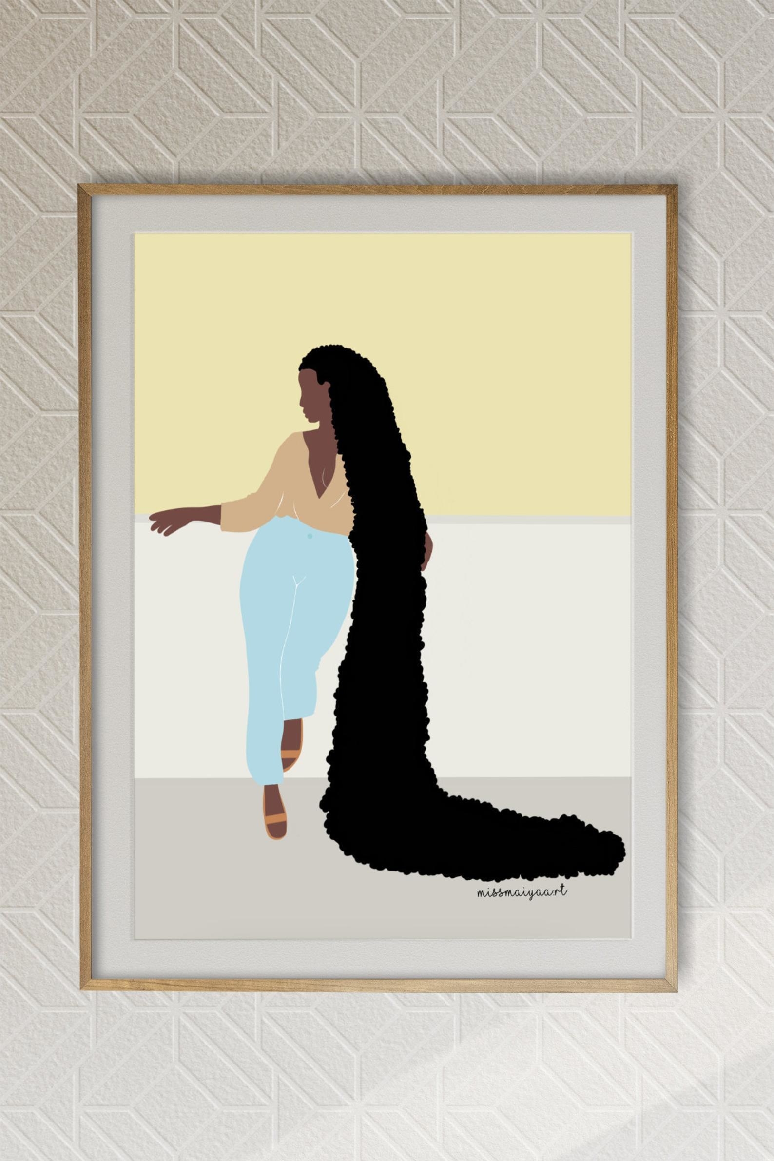 art print with an illustration of a person with very long hair
