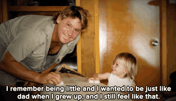 A GIF of BIndi as a little girl with her father, with the caption &quot;I remember being little and I wanted to be just like Dad when I grew up, and I still feel like that&quot;