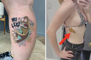 A SpongeBob tattoo, and a tattoo of a pizza