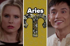 Eleanor Shellstrop looks visibly confused, the Aries zodiac sign is filled in with flowers and sits against a green background, and Jason Mendoza smiles brightly showing his teeth.