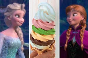 Elsa, wearing a sparkling gown, smiles softly, a hand holds a waffle bowl with six scoops of multi colored ice cream, and Anna, wearing a green dress and purple cape, smiles softly at Elsa.