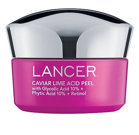 pink jar of a Lancer Caviar Lime Acid Peel with glycolic acid 10% + phytic acid 10% + retinol
