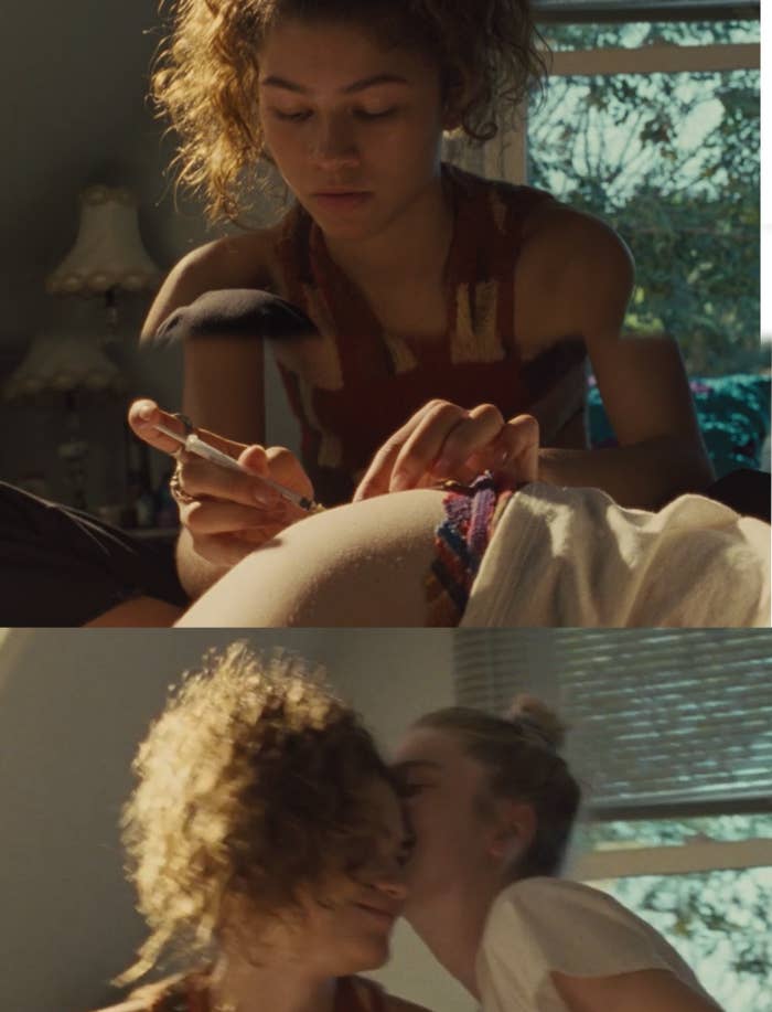 Rue looks on determinedly as she injects a syringe of hormones into Jules&#x27; thigh and then Jules kisses Rue&#x27;s cheek.