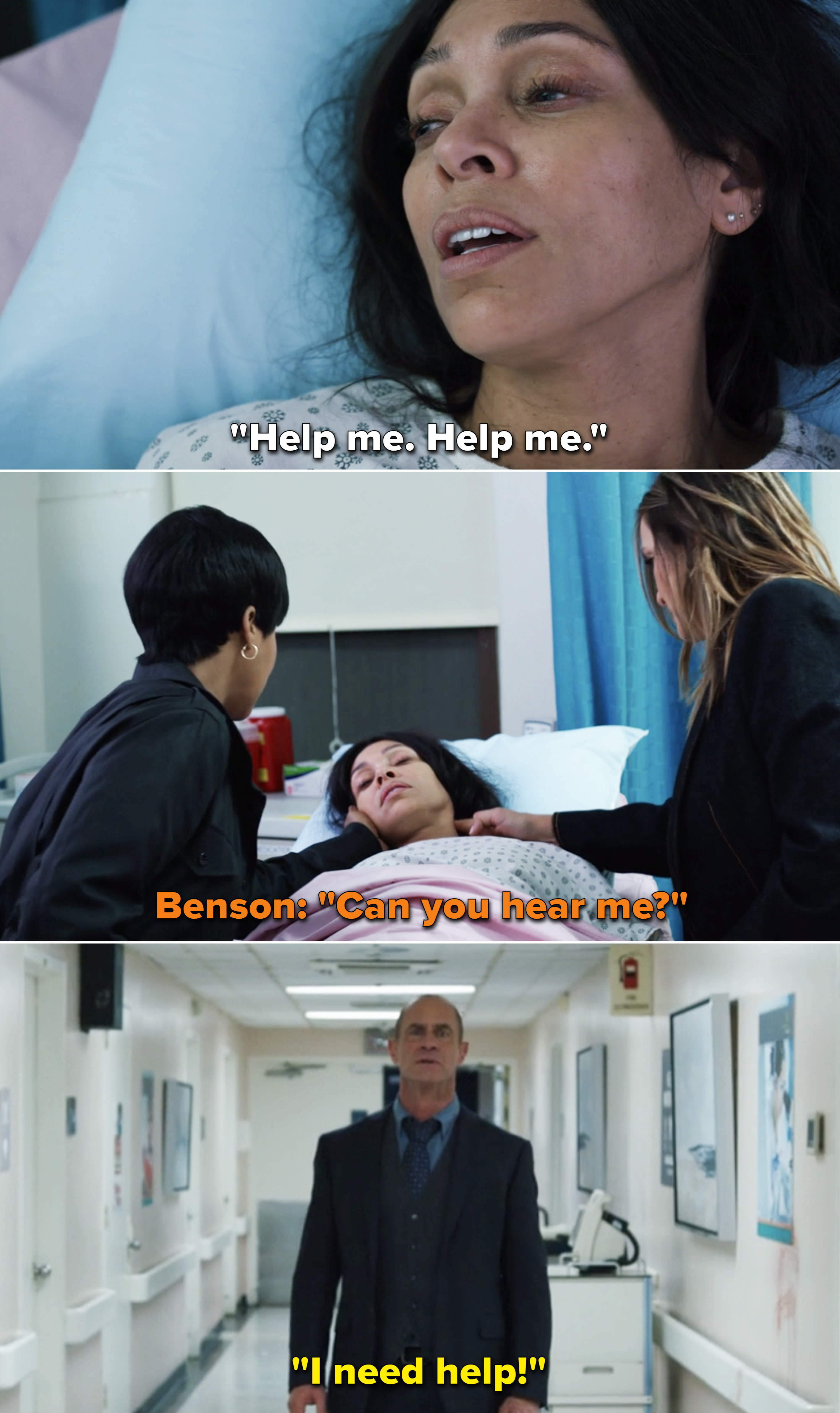 Angela saying, &quot;Help me&quot; while Benson checks her, and Stabler running into the hospital hall and saying, &quot;I need help&quot;