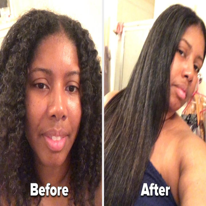 reviewer with thick, kinky hair showing before and after of her hair looking curly compared to it looking straight