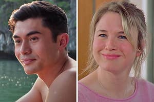 On the left, Henry Golding as Nick in "Crazy Rich Asians," and on the right, Renee Zellweger as Bridget in "Bridget Jones's Diary"