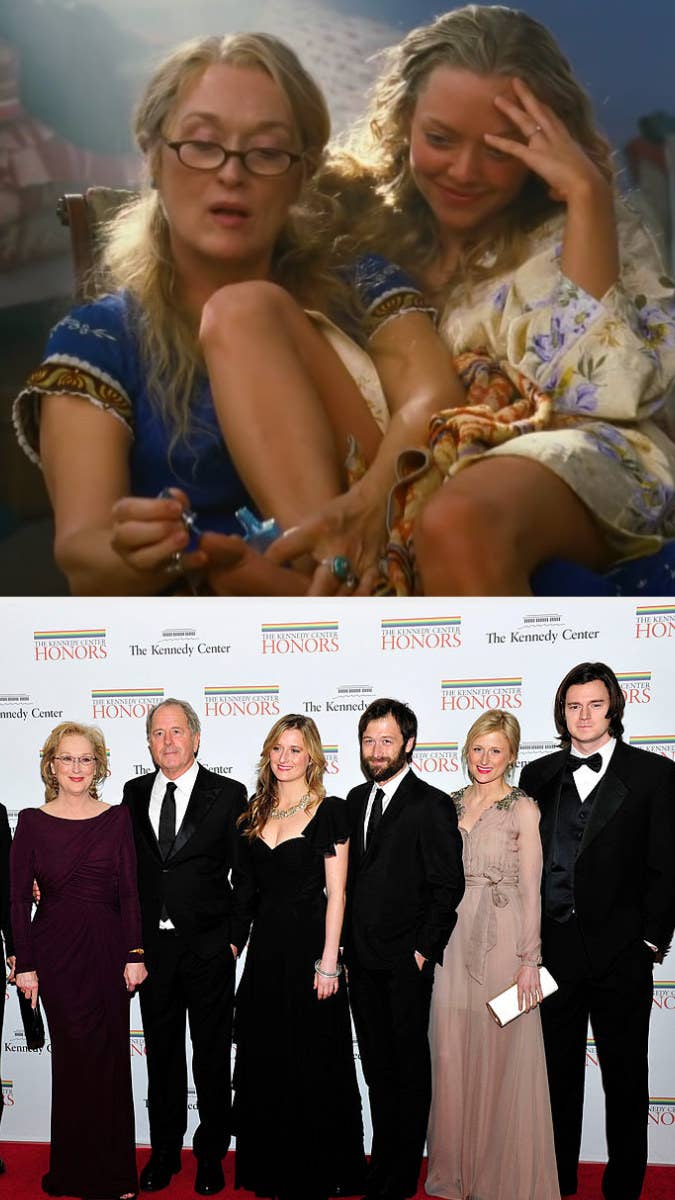 Top: Meryl Streep with her TV daughter in Mamma Mia! Bottom: Meryl Streep with her husband Don Gummer and children Grace Gummer, Henry Gummer, and Mamie Gummer