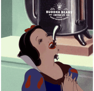 Snow White guzzling coffee