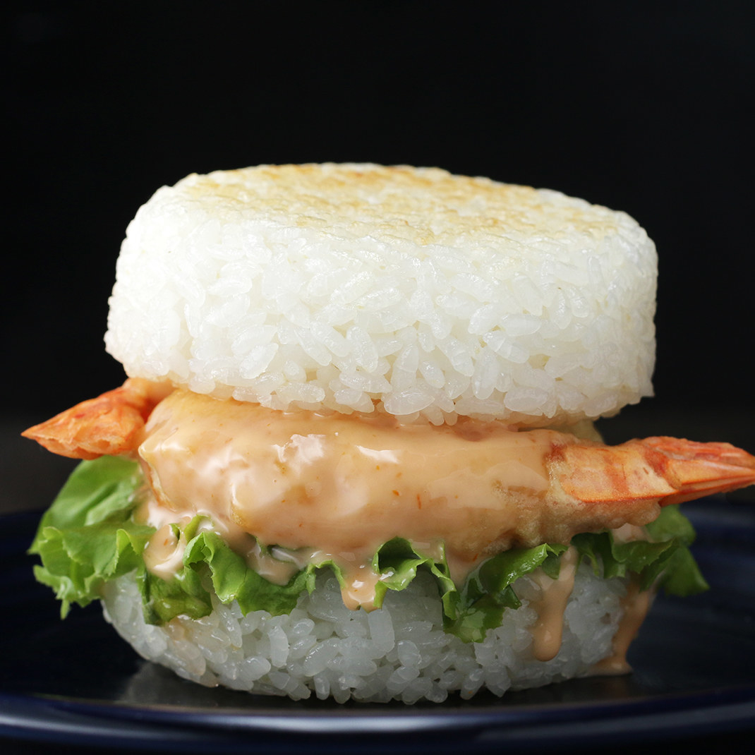 Shrimp burger between rice buns