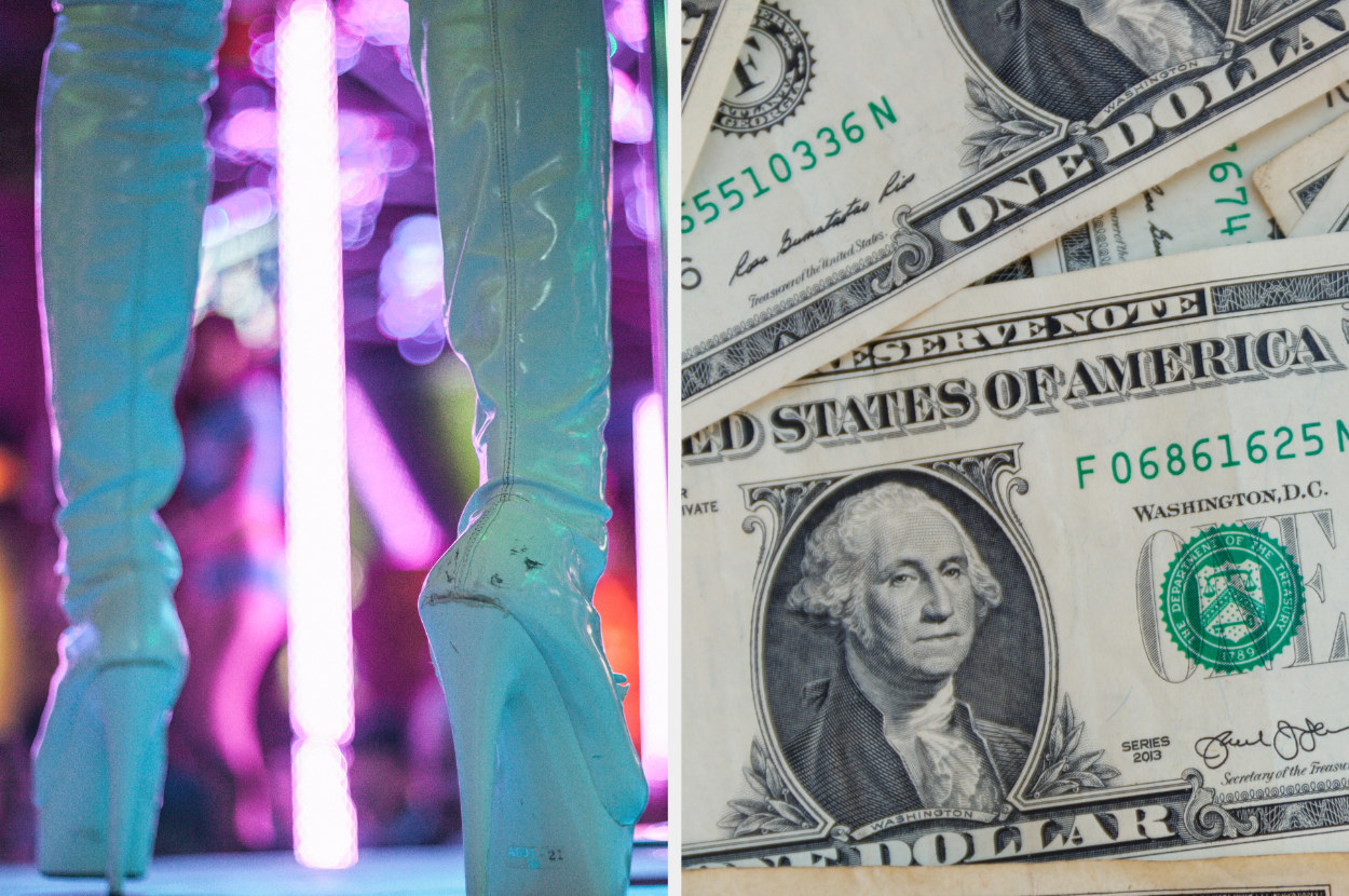 A side by side photo of a stripper&#x27;s shoes standing by a pole and a pile of $1 bills