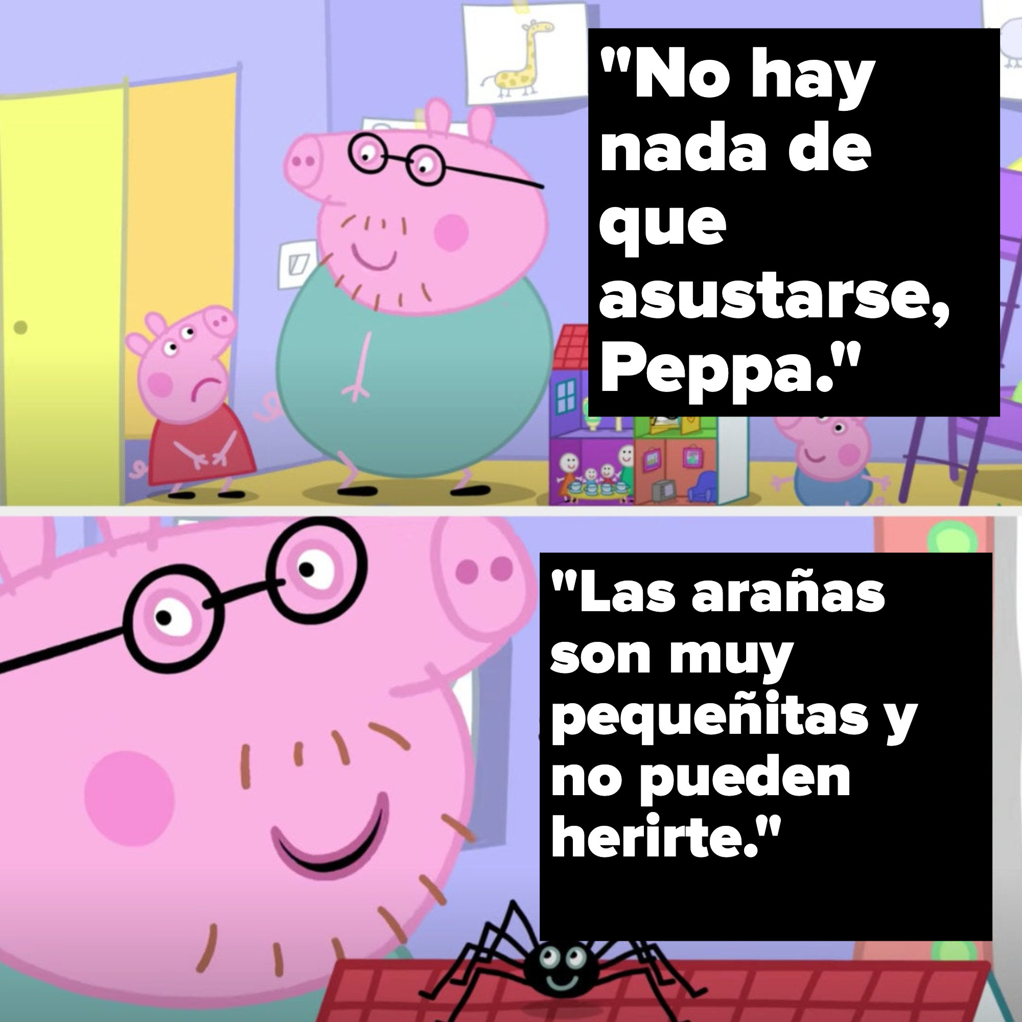 Peppa&#x27;s dad tells her there&#x27;s nothing to be afraid of because spiders are small and can&#x27;t hurt you