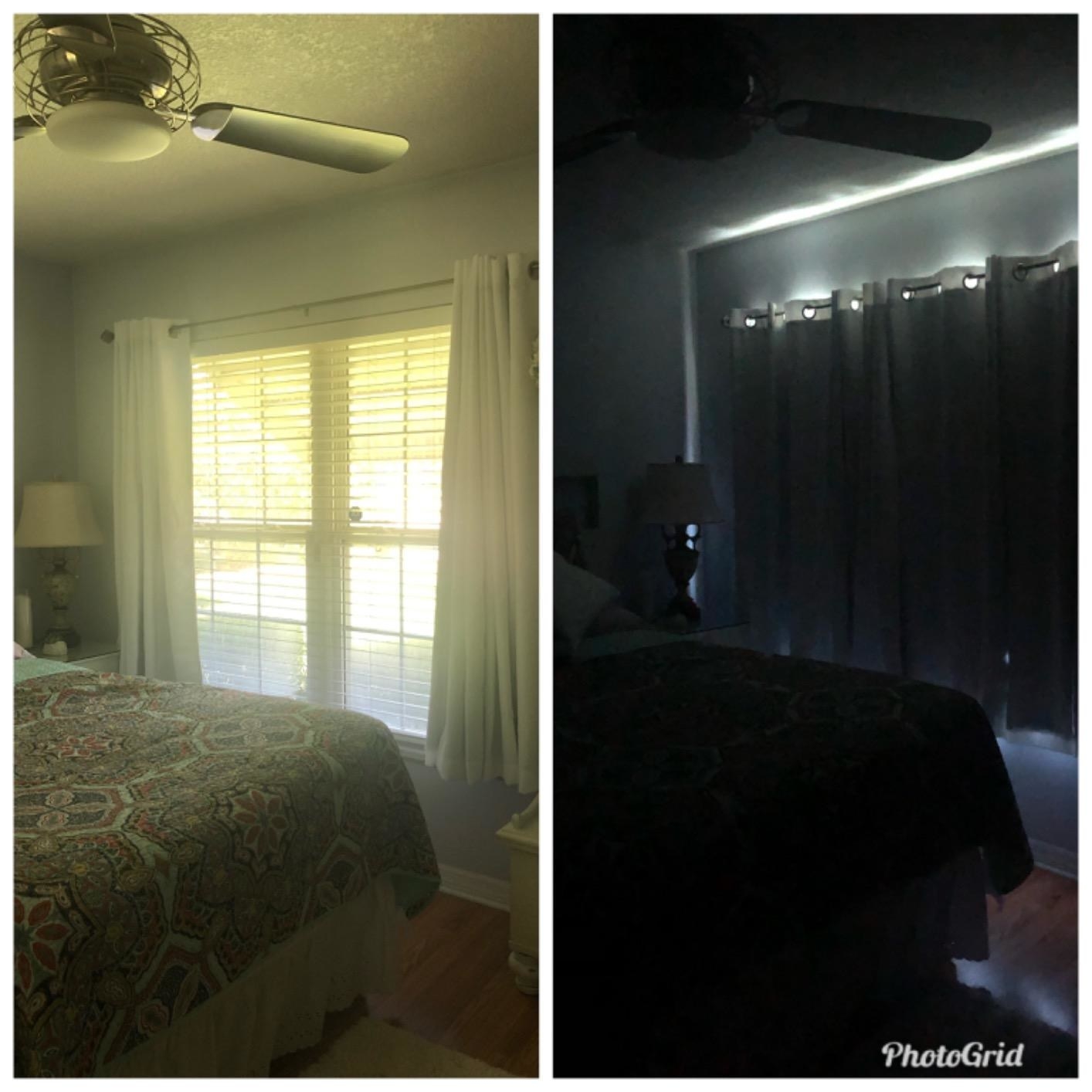 Reviewer room before and after using blackout curtains
