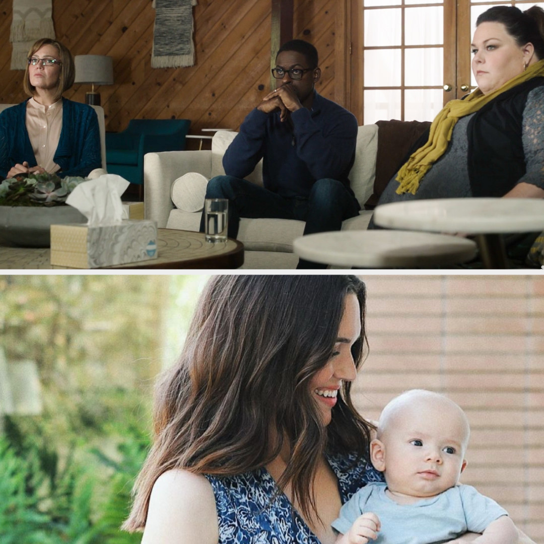 Top: Mandy Moore in character as Rebecca Pearson with her TV children Randall and Kate in This Is Us Bottom: Mandy Moore with her baby August