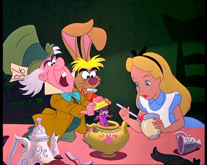 characters Alice, Mad Hatter and the March Hare gather around a teapot