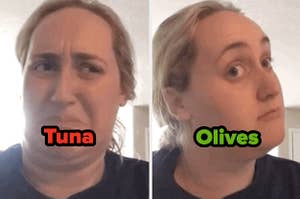 "Tuna" over cringing kombucha girl, and "olives" over interested kombucha girl