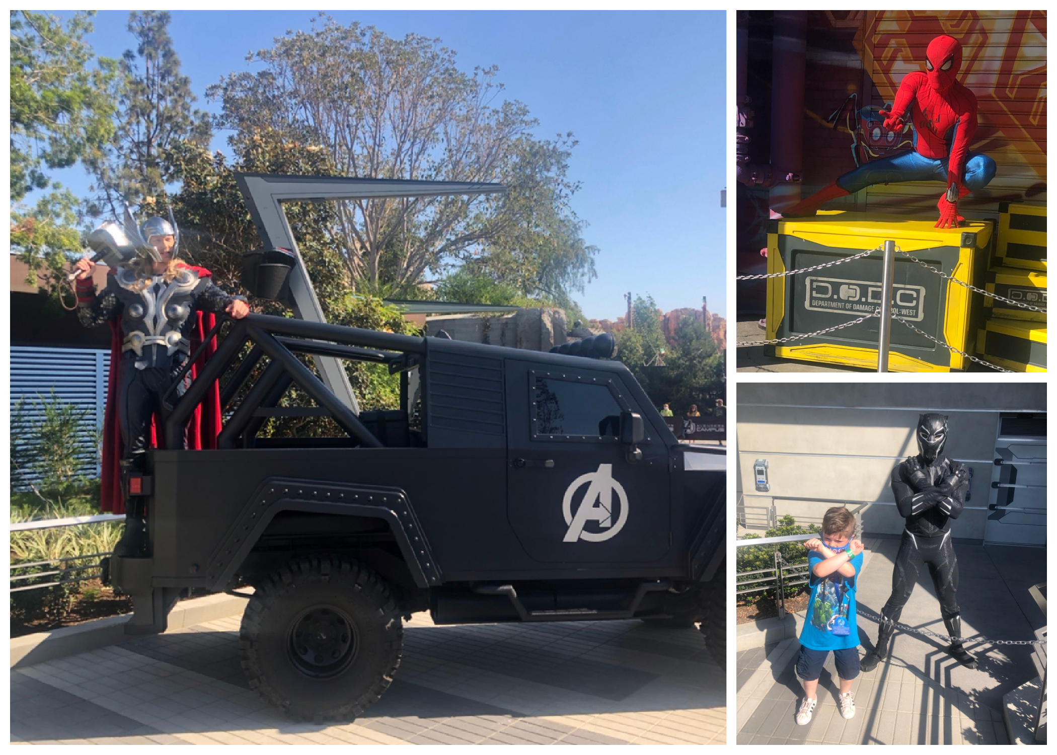 Thor holds his hammer on the avengers truck, spidey crouches, and James crosses his arms with Black Panther