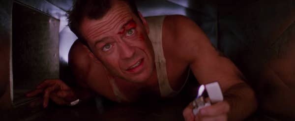 John McClane in the air duct in "Die Hard"