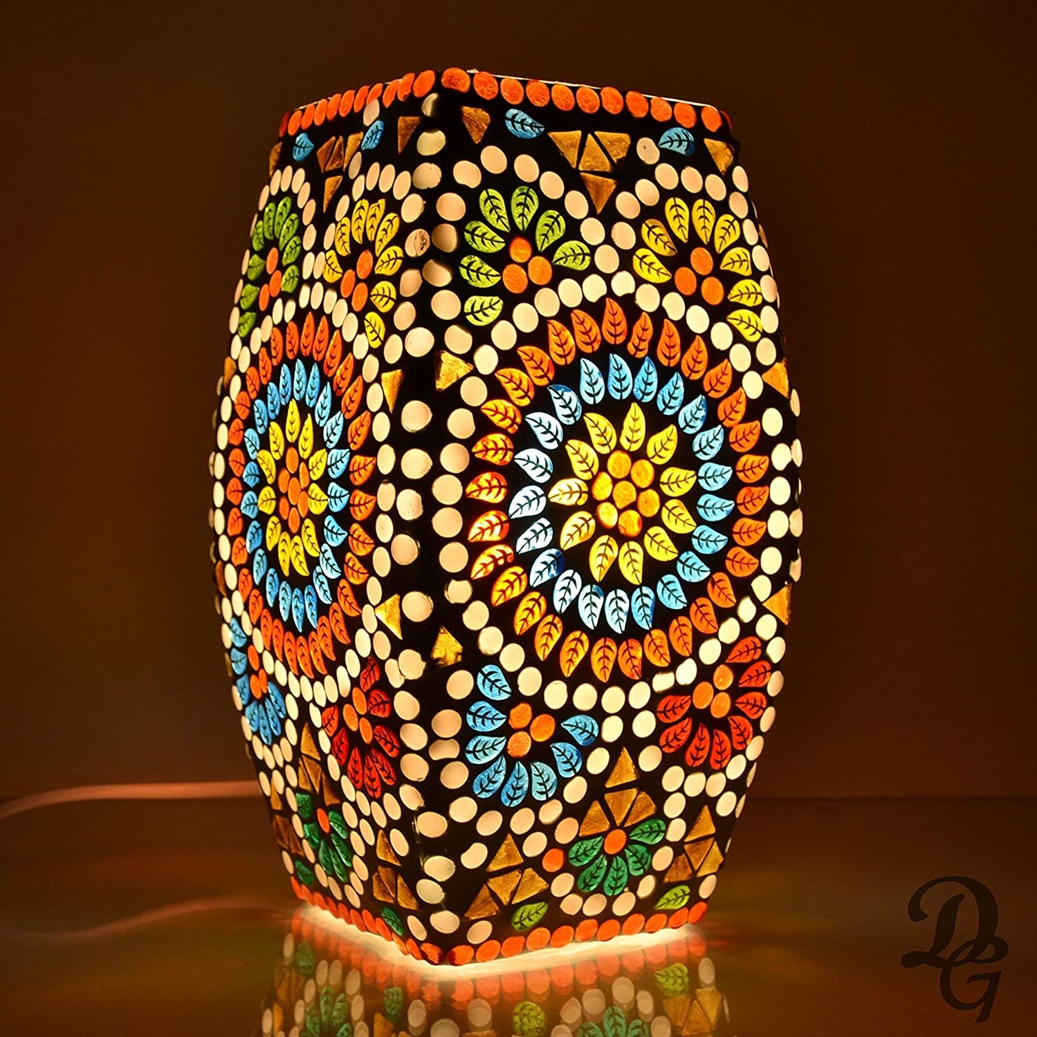 A mosaic lamp on a table 