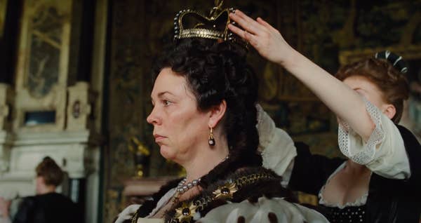 Queen Anne getting a crown taking off in "The Favourite"