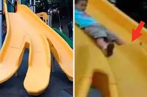 A photo of a slide that is dangerously designed so kids can cram their crotch into a beam