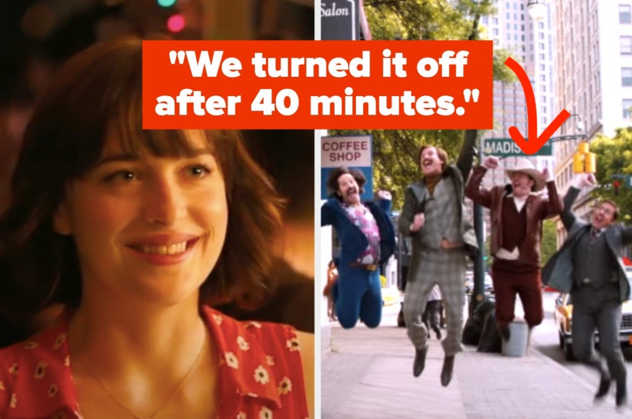 "How to Be Single" and "We turned it off after 40 minutes" written over "Anchorman 2 The Legend Continues"
