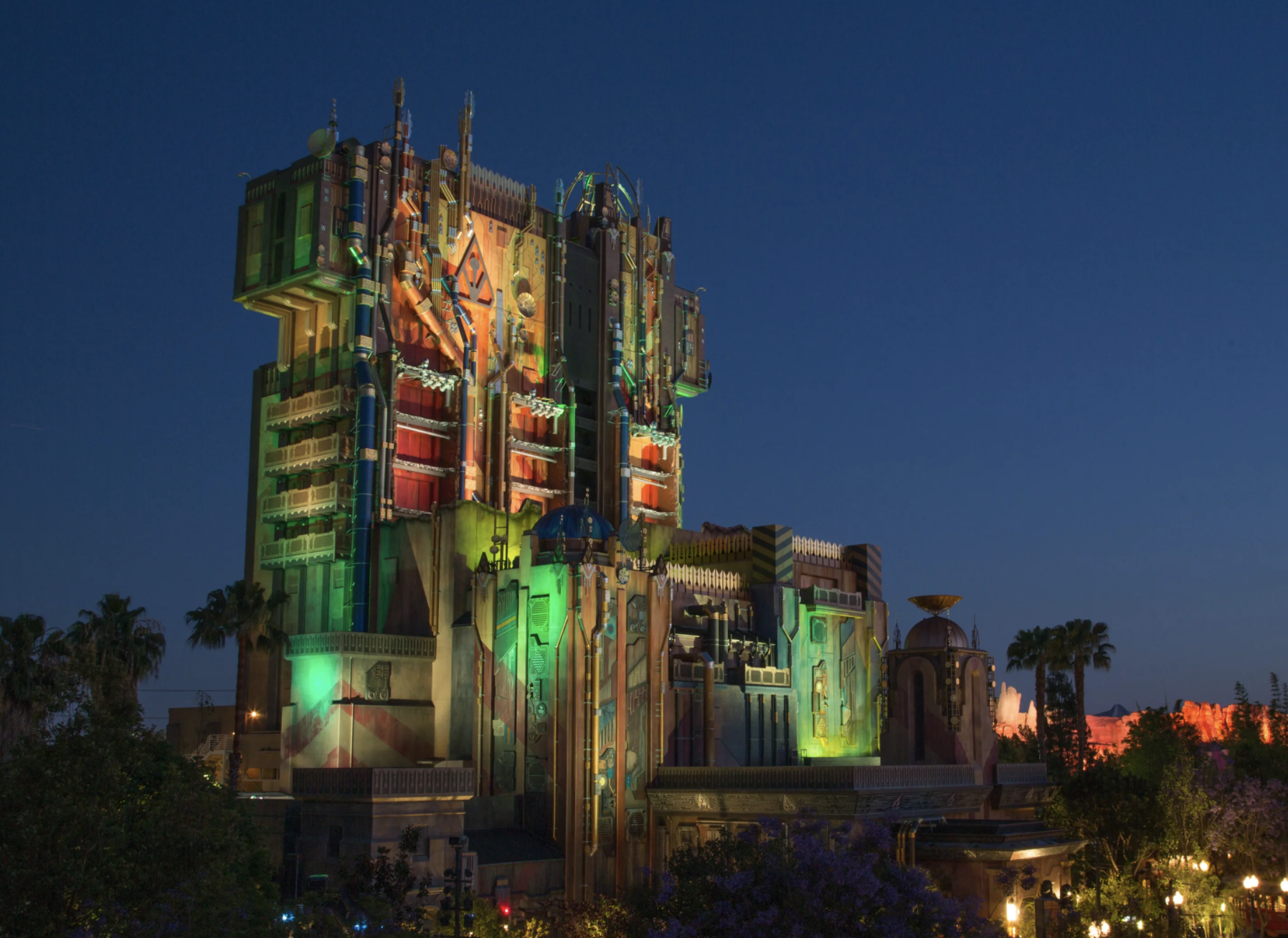 The Guardians of the Galaxy structure lit up at night