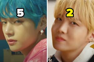 Two BTS members are showing their side profile labeled, "5" on the left and "2" on the right