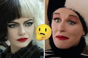 Glenn Close is dressed as Cruella on the left and Emma Stone is dressed as Cruella on the right