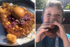 A boy eats a giant chicken sandwick