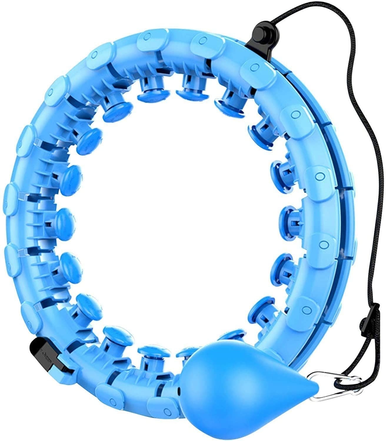 the weighted hula hoop in blue that shows how the weighted ball is attached to the hoop