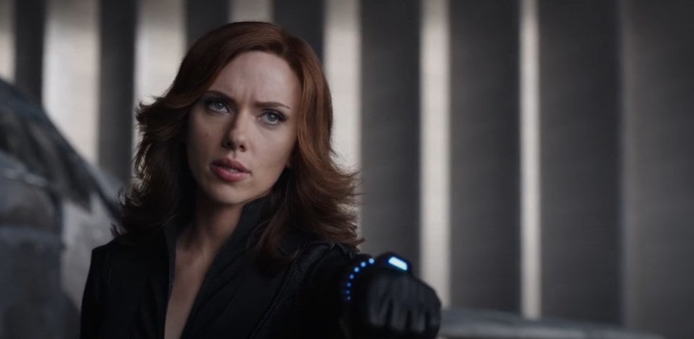 Black Widow about to use her Widow&#x27;s Bite in Captain America: Civil War