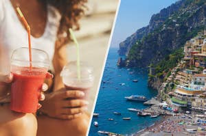 Two people are on the left holding smoothies with an aerial view of Capri, Italy