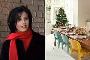 Monica is on the left wearing a scarf with a table in the kitchen decorated with Christmas things