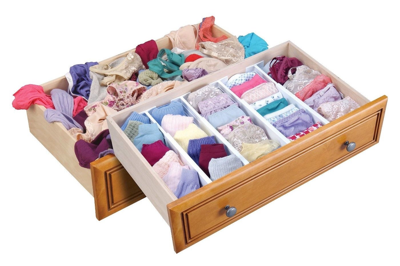 A drawer organizer with colorful clothing inside of it