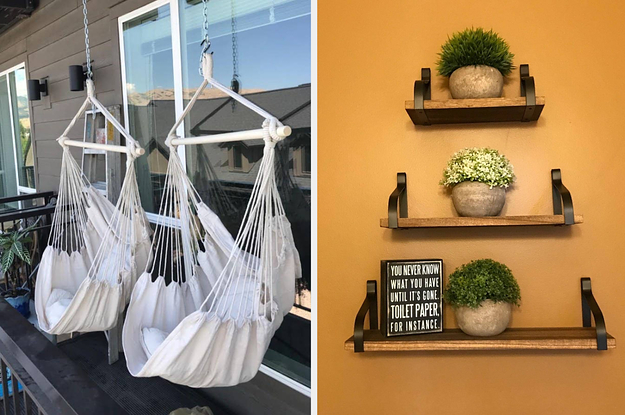 hammocks next to floating shelves